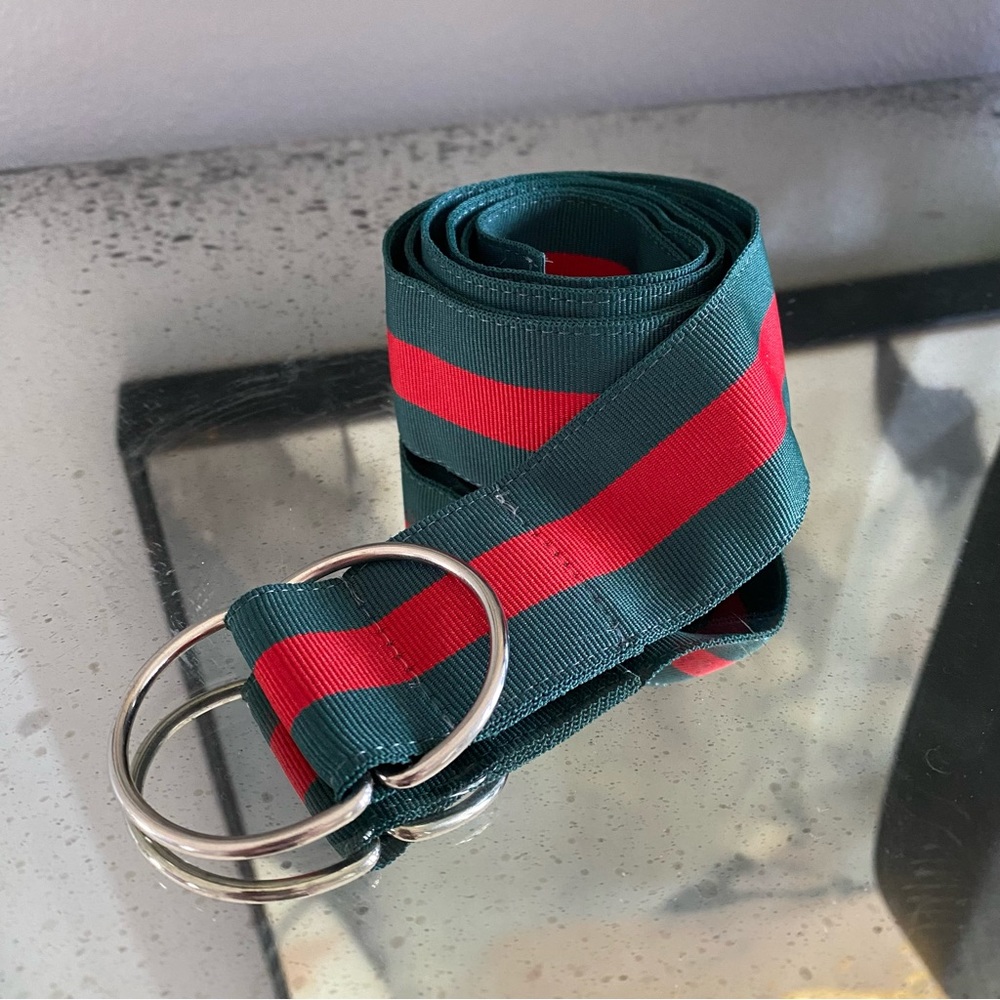Green Ribbon with Red Stripe Belt made to look designer inspired. 45 inches long